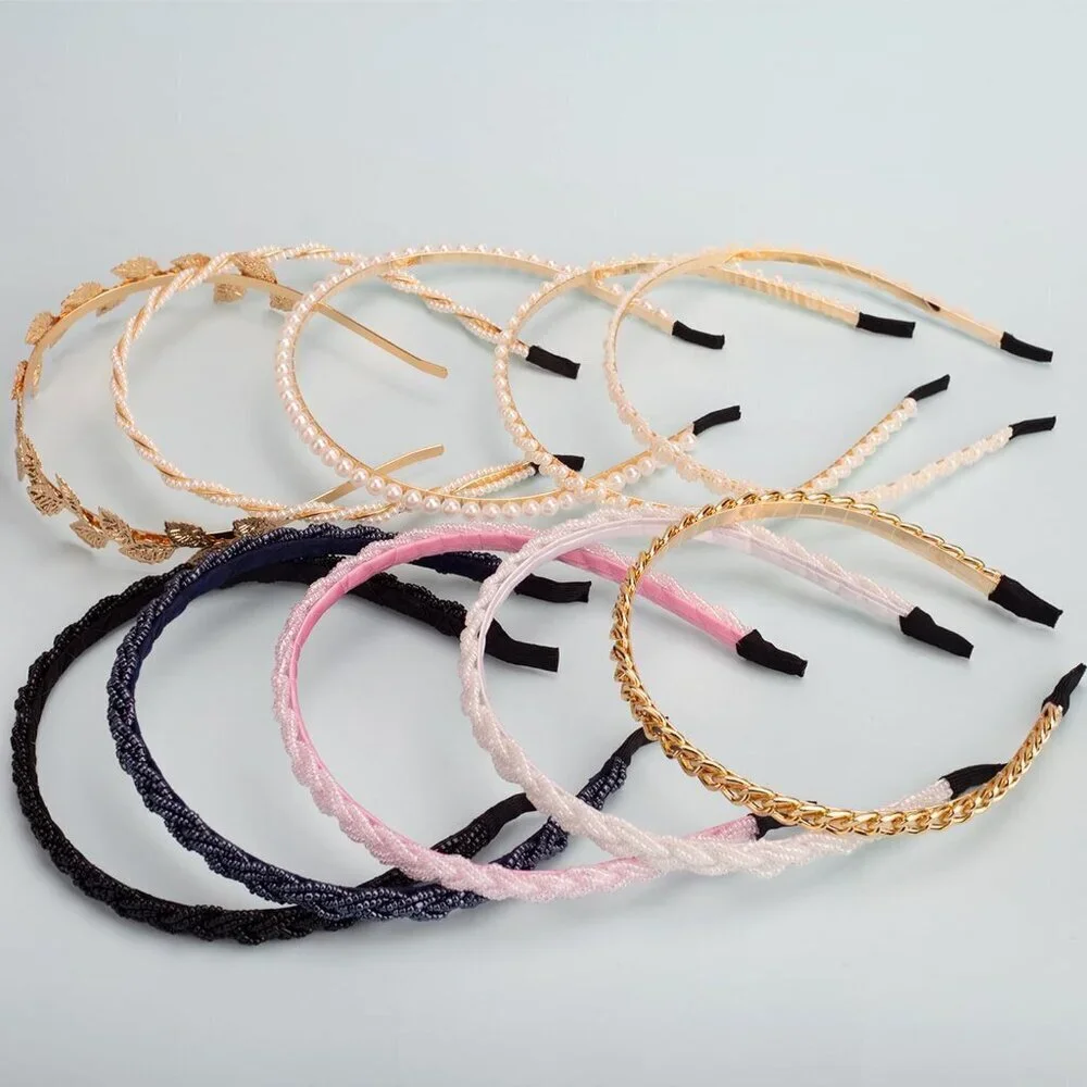 Women Girls Beaded Headbands 10 Pack Pearl Metal Non-Slip Hair Accessories
